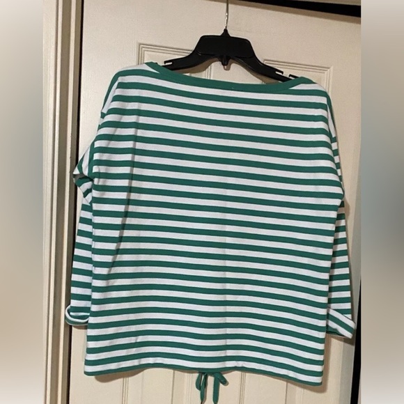 Anne Klein  Women's Medium Pullover Sweater Top Green & White Stripe Drawstring - Picture 7 of 8